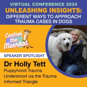 Promotional image for Virtual Conference 2024 highlighting Dr. Holly Tett's talk on puppyhood trauma, priced at £35. The image features a woman with a large white dog and text promoting trauma approaches for dogs.